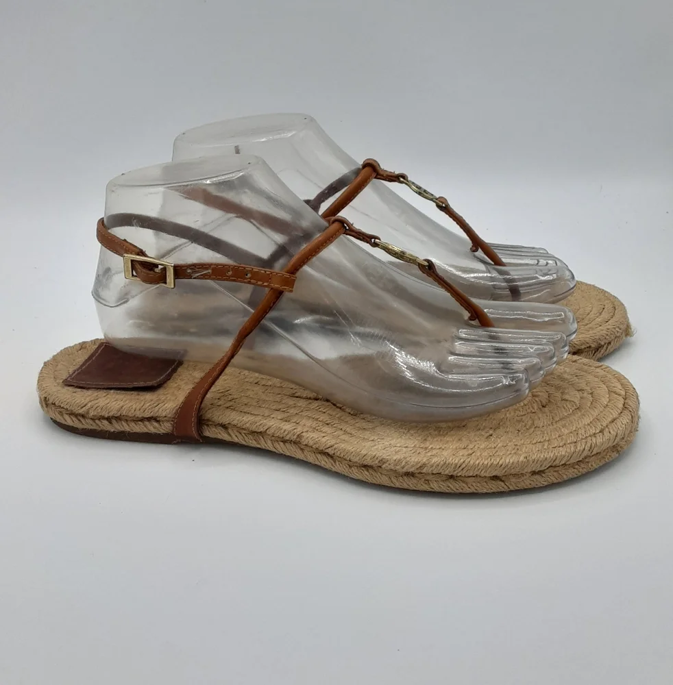 Tory Burch Emmy Brown Leather Espadrille Flat Thong Sandal.